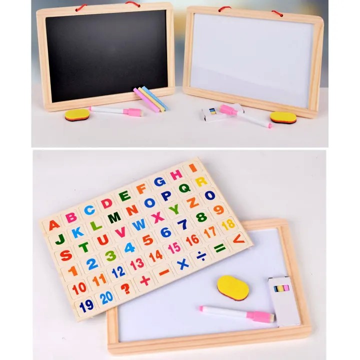 3 in 1 Wooden Black & White Board With Magnetic Alphabets, Numbers