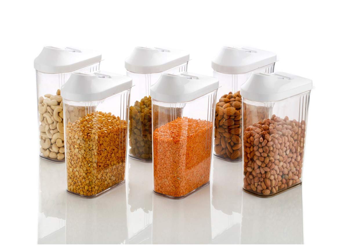 Home and Kitchen 1700ml 6 pcs Easy Flow Kitchen Container Set Storage Box Idle for Cereal Pulses, Clear Tranparent Color