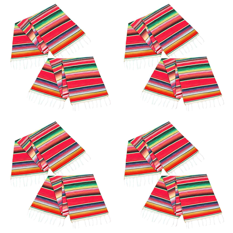 JINMY 8Pack 14 By 84 Inch Mexican Table Runner 14 X 84 Inch Mexican Wedding Decorations Fringe Cotton Serape Blanket Red