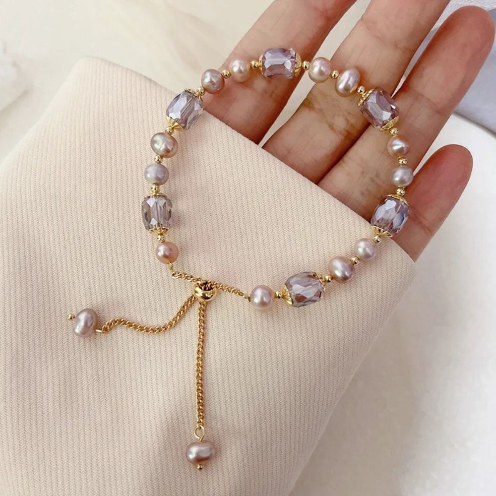 Elegant Pink Imitation Pearl Bracelets Exquisite Purple Crystal Beaded Adjustable Bracelets Bangle Female Wristband Accessories