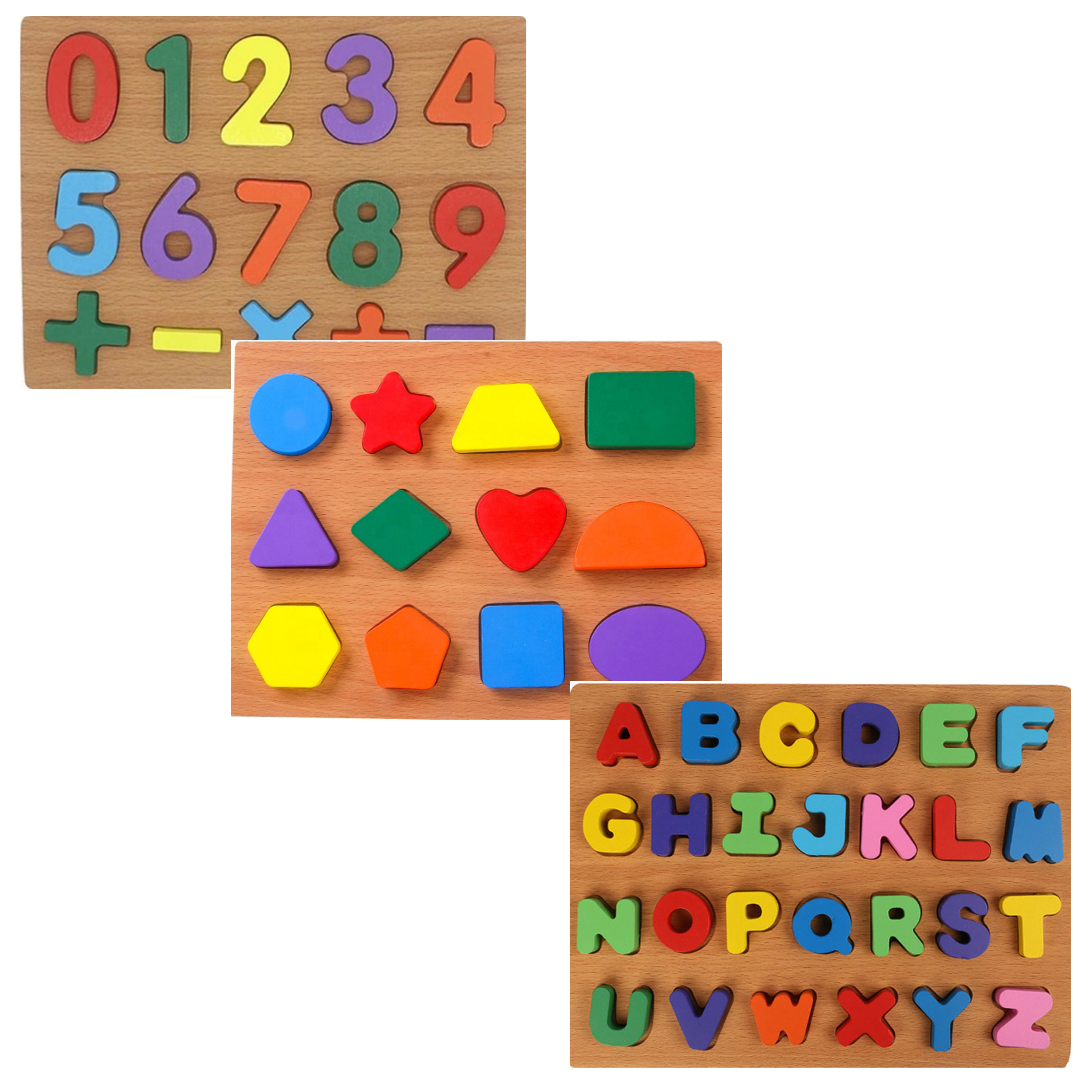 Wooden Educational Puzzle Combo Set 3 In 1 (Numerical Numbers, Geometric Shapes, English Alphabets Capital Letter) Early Learning Toys for Kids