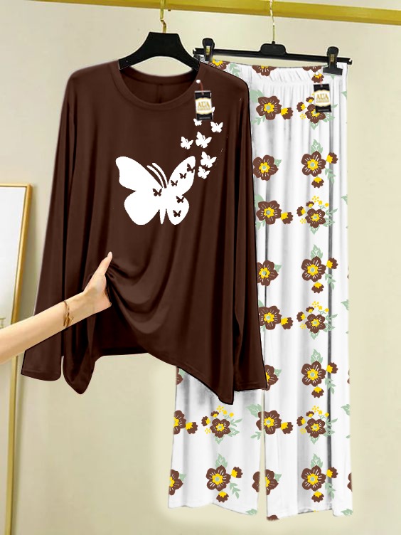 Maroon Love Printed Nightwear Set with Flower Printed Trousers - Women's Lounge Wear