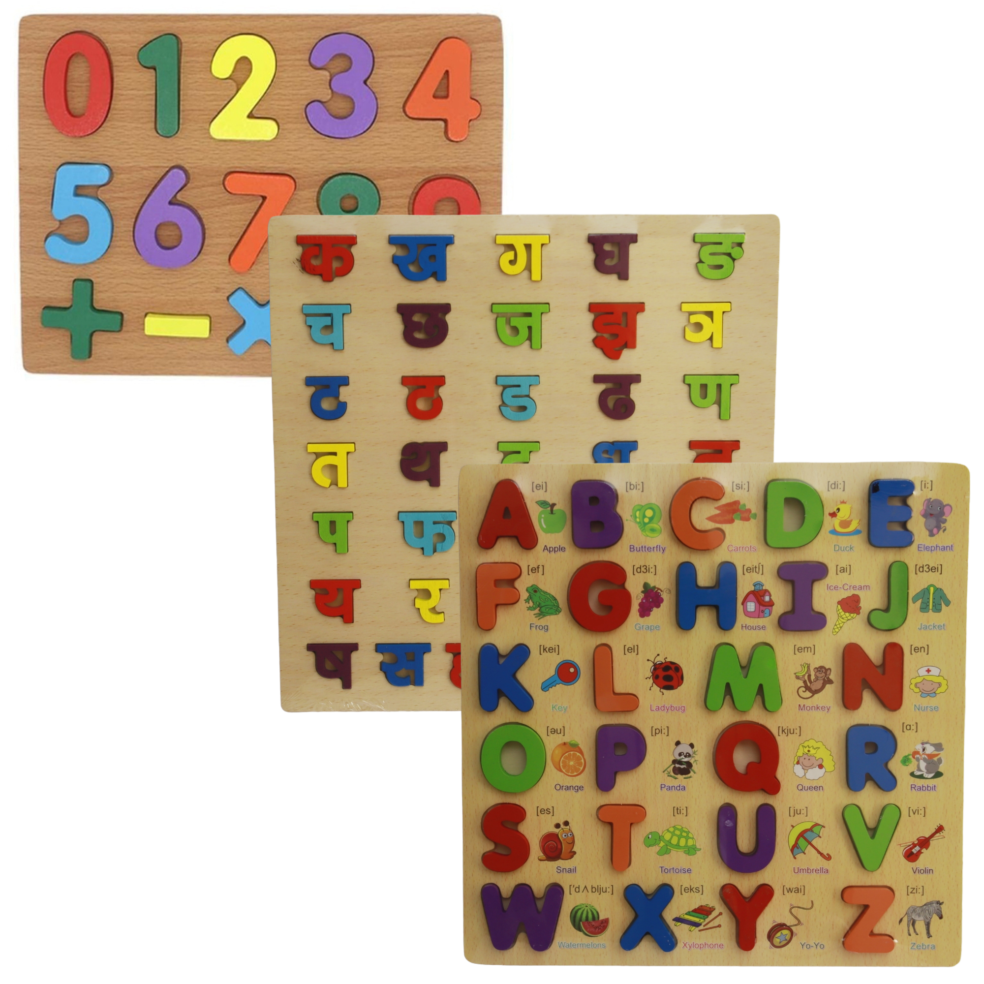 Cute Baby- Colorful Wooden Educational 3 In 1 Combo Set (English Alphabet ABC, Nepali Ka Kha Ga & Numbers 123) Learning Board, Montessori Toy for Baby & Toddler