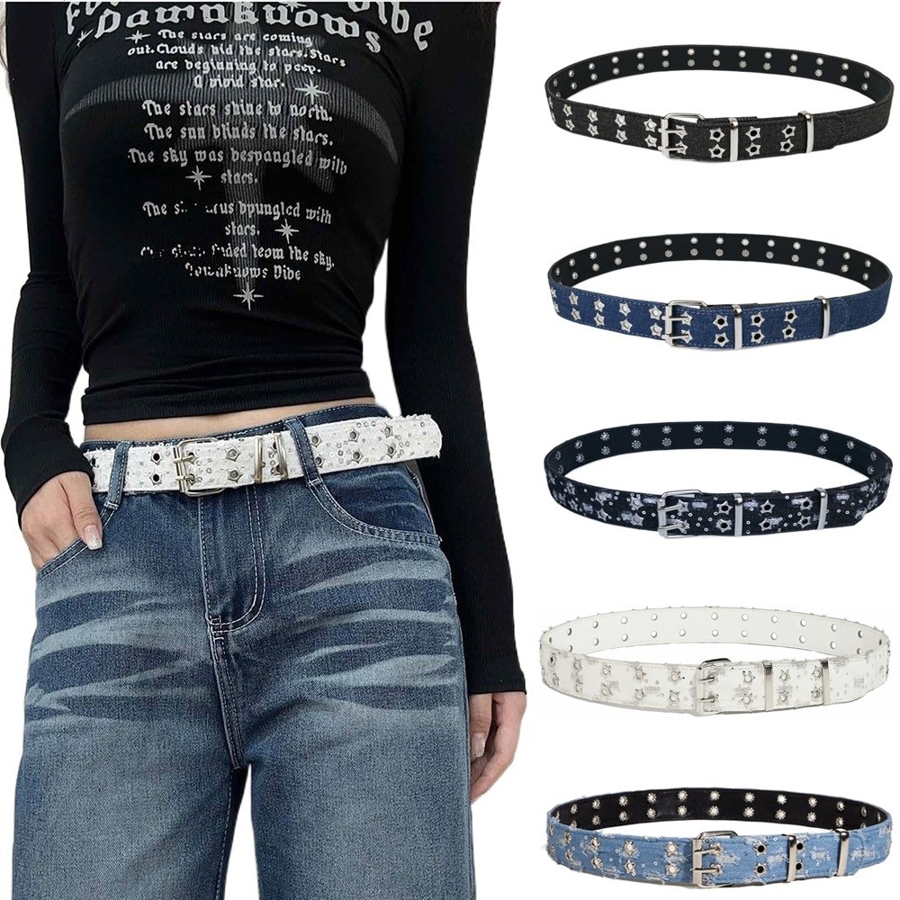 Trendy Retro Punk Star Belt Y2k Double-breasted Pin Buckle Belt Hip-hop Style Denim Belt Women Waist Accessories