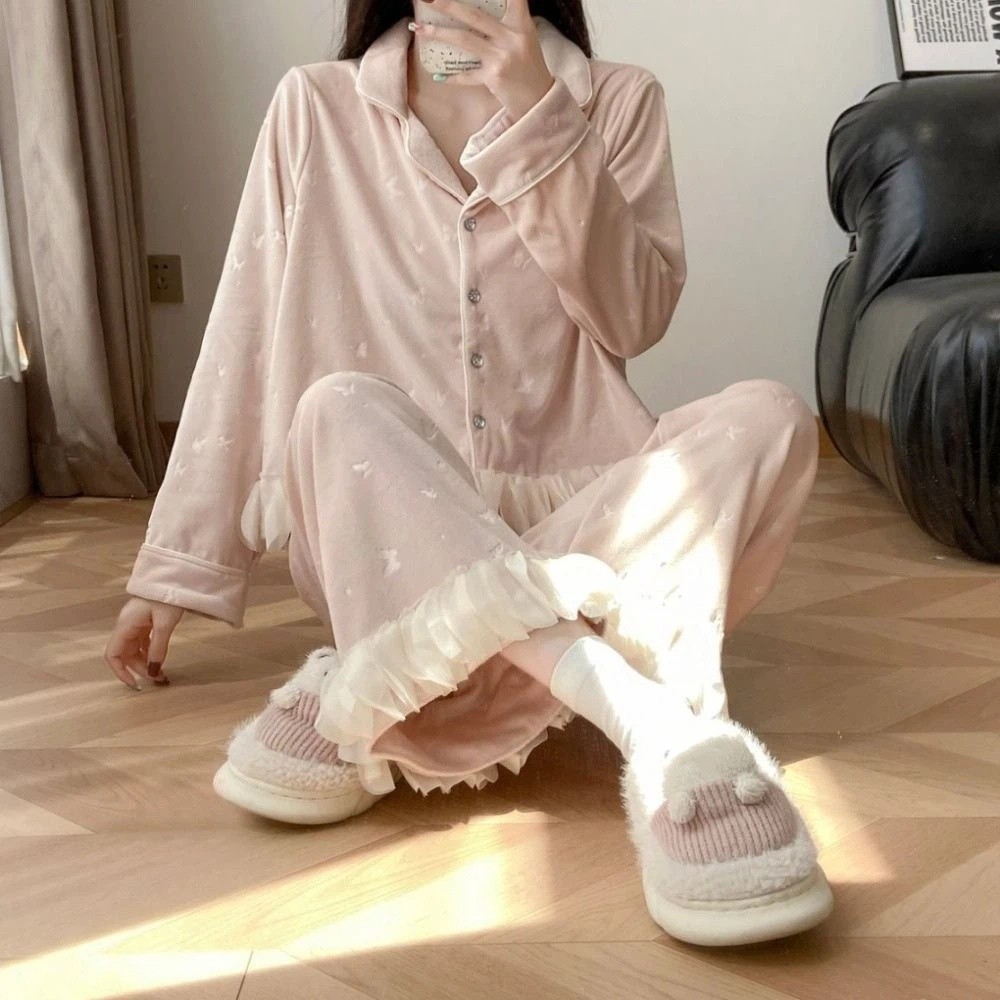 Long Sleeve Plush Bow Pajamas Set Winter Sweet Velvet Pajamas Suit Casual Ruffle Warm Thicken Sleepwear Girl
