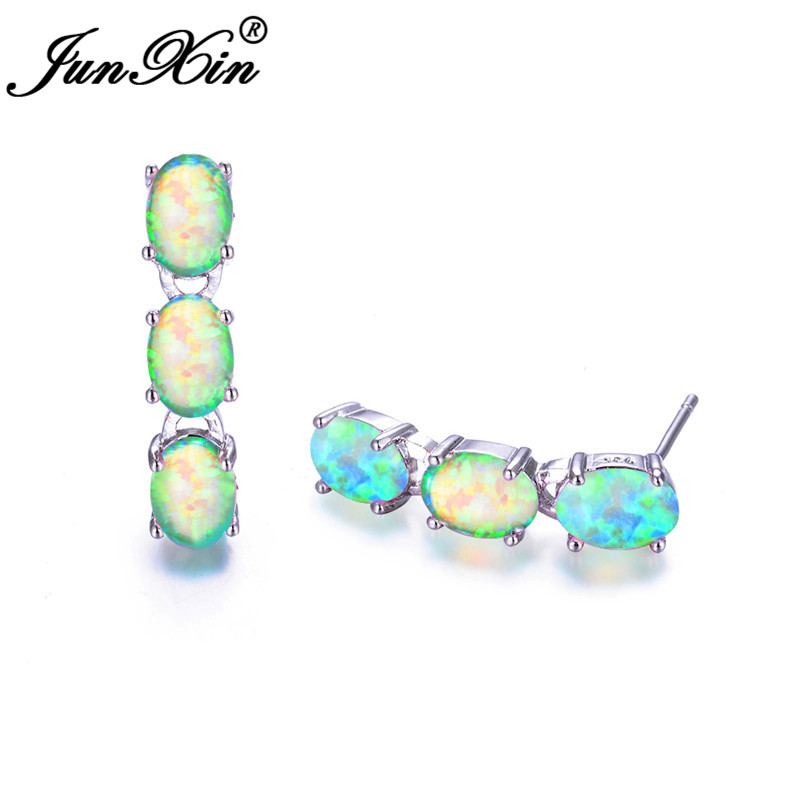【Happy LifeStore】JUNXIN Luxury Oval Stone Blue White Fire Earrings For Wo Silver Color Green Bar Stud Wedding Jewelry