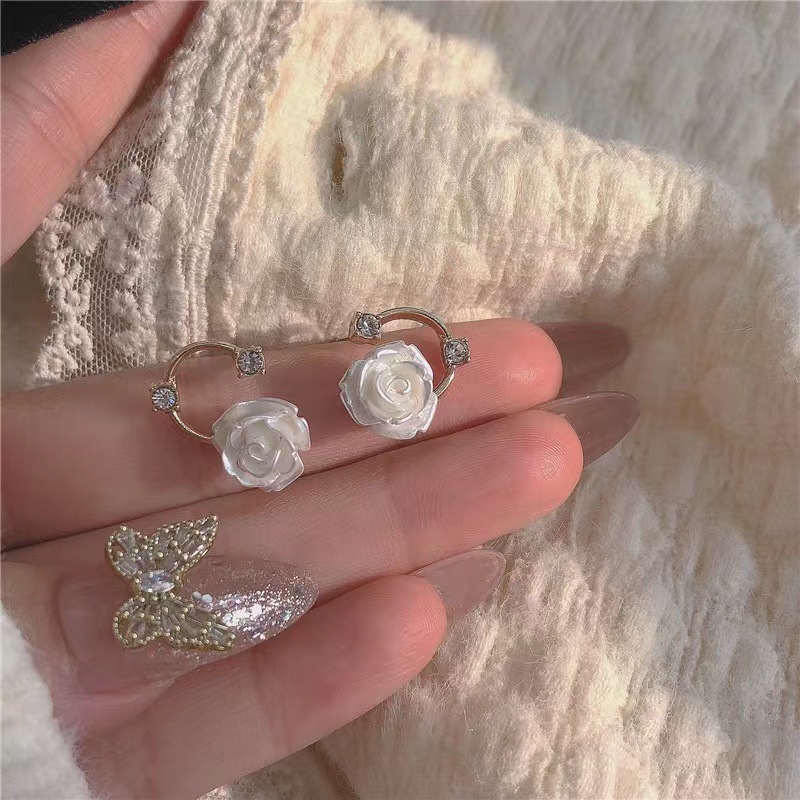 Sale】Super Spring New ~ White Rose Flower 2021 New Fashion Women's Camellia Sweet Earrings Earrings