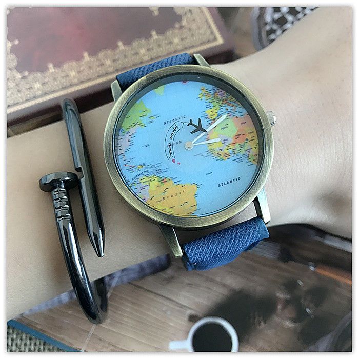 Classic Airplane Map Disc Second Hand Watch Harajuku Retro Map Watch Denim Aviator Watch