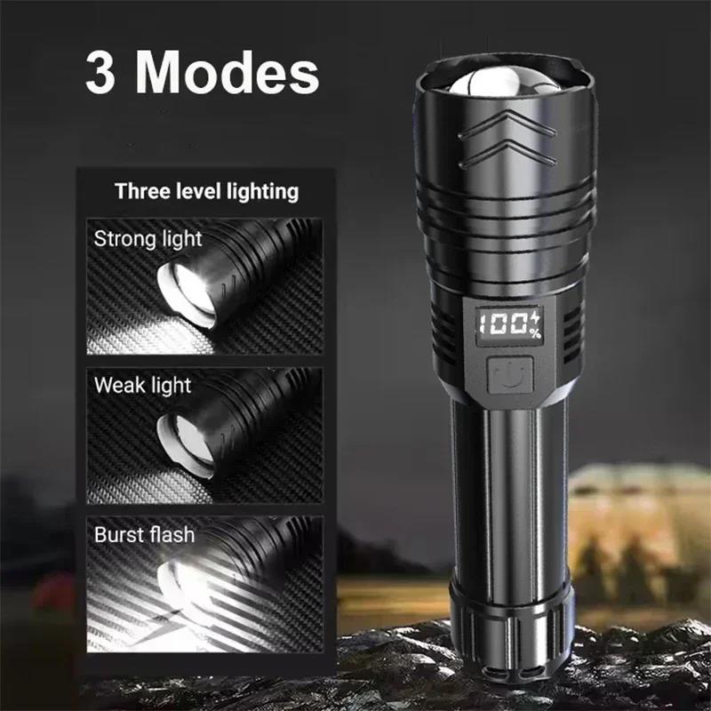 Hot Selling High Power LED Flashlight 3 Models Type-C Rechargeable Zoomable Lantern Battery Level Display Outdoor Fishing Tactical Torch
