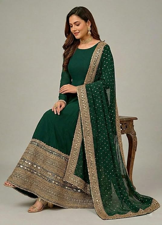 Womens Roman Silk Full Sleeves Round Neck Flared Kurti Featuring Codding Sequence Work With Natural Crepe Pants And Faux Georgette Dupatta 3 Piece Ethnic Wear (Dark Green)