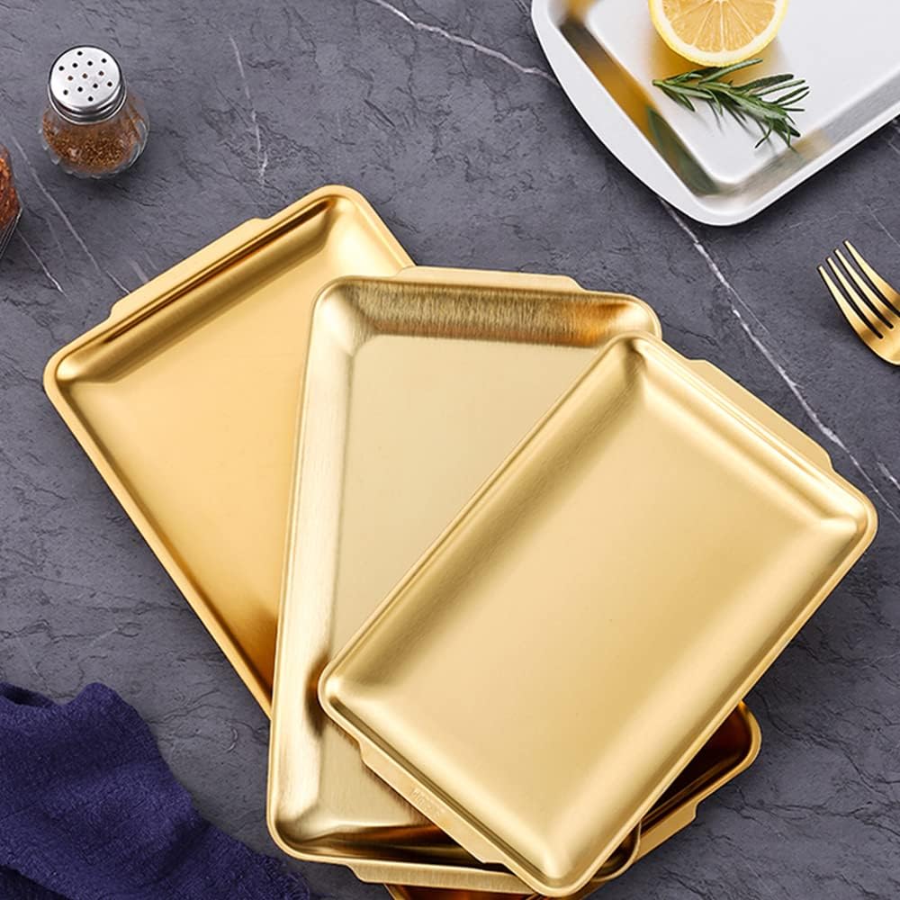 Golden Stainless Steel Food Serving Tray for Baking Pans, Dinner Plate, Dish Towel Tray, Trinket Cosmetics, Jewelry, and Coffee Organizer（Rectangular）(1PCS)