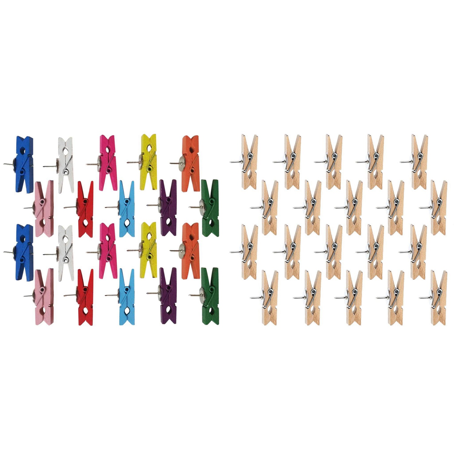 fasdaga 40 Pcs Push Pins with Wooden Clips , Paper Clips with Pins for Cork Boards Notes Photos Wall and Craft for Offices Home Use , 20 Pcs Natural Color & 20 Pcs Multicolor