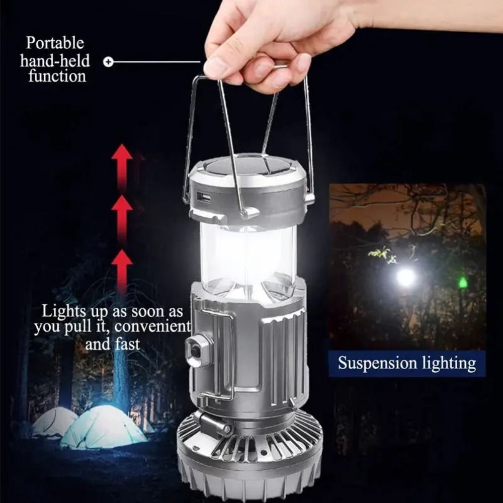 Portable Built-in Rechargeable Battery Solar Camping Lantern Soft Bright Lighting Gentle Wind Fan Portable Emergency Light Stretch Control Switch Solar Charging Design Rechargeable Tent Lamp Camping