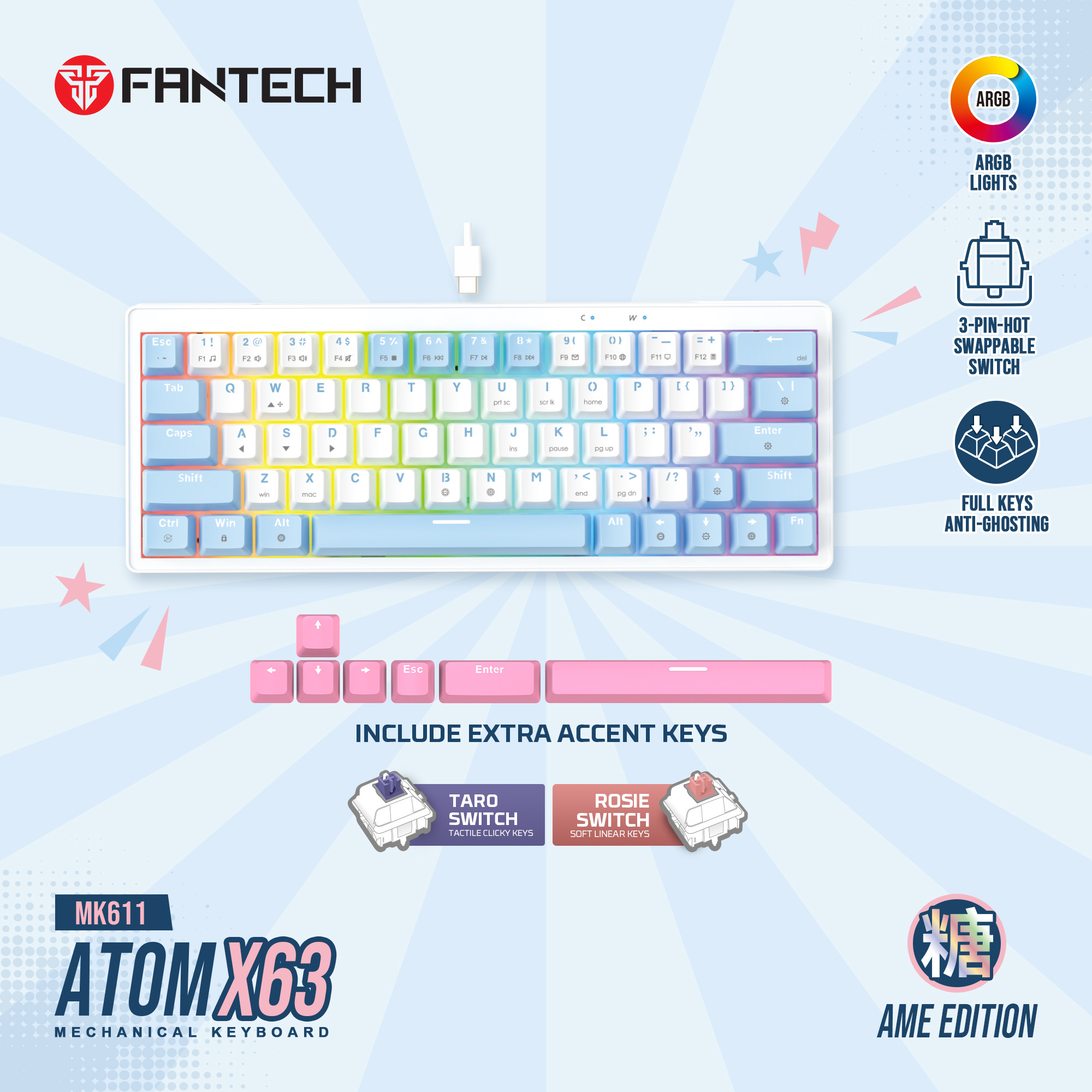 FANTECH ATOM X63 MK611 MECHANICAL GAMING KEYBOARD AME EDITION(WHITE)
