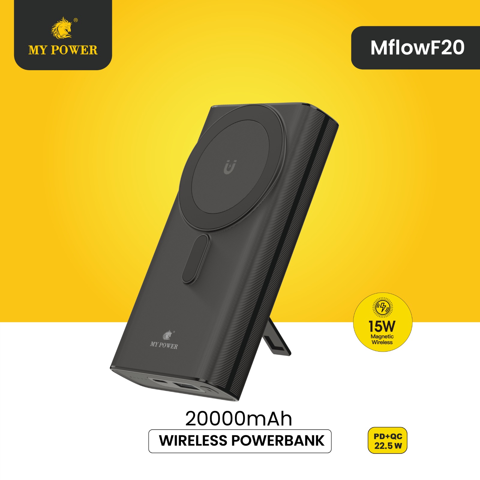 Mypower 20000mAh Powerbank| 15W Wireless Magsafe Powerbank | Fast Charging Powerbank | Portable Slim Powerbank | 22.5W Usb Output | 20W PD Output | Analog battery Indicator Display |Black Colour | MFlow F20 |