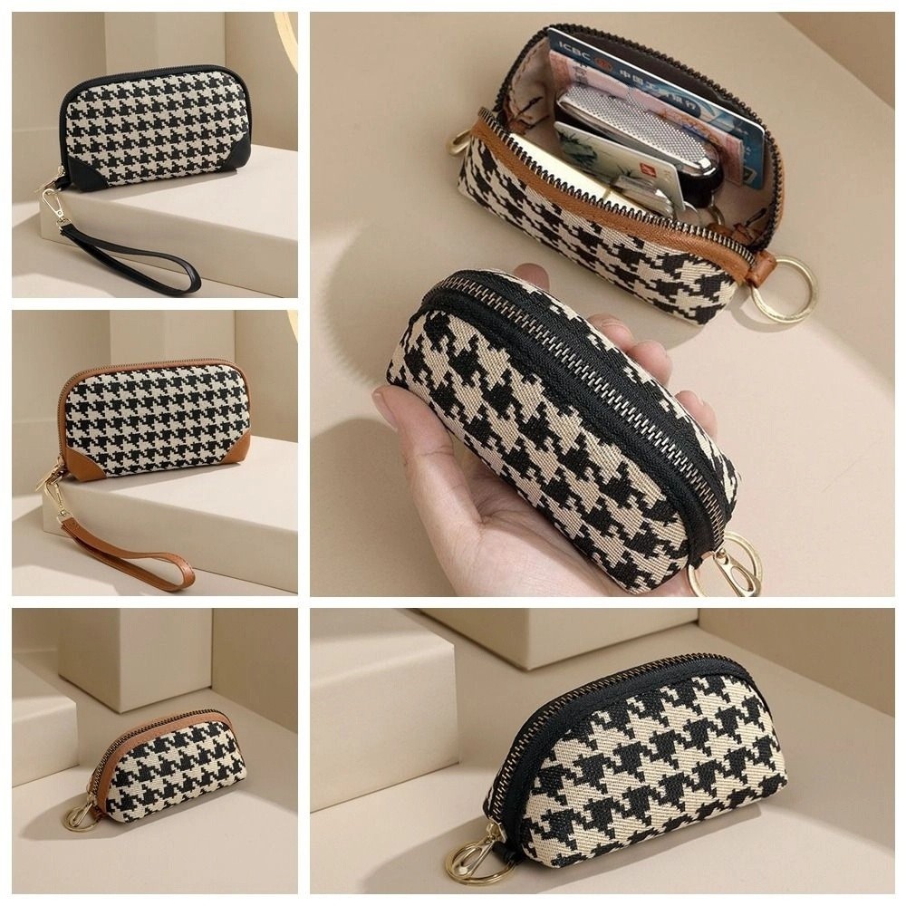 Fashion Pu Long Style Wallet Car Key Bag Canvas Houndstooth Zipper Purse Ultrathin Printing Square Change Purse Travel