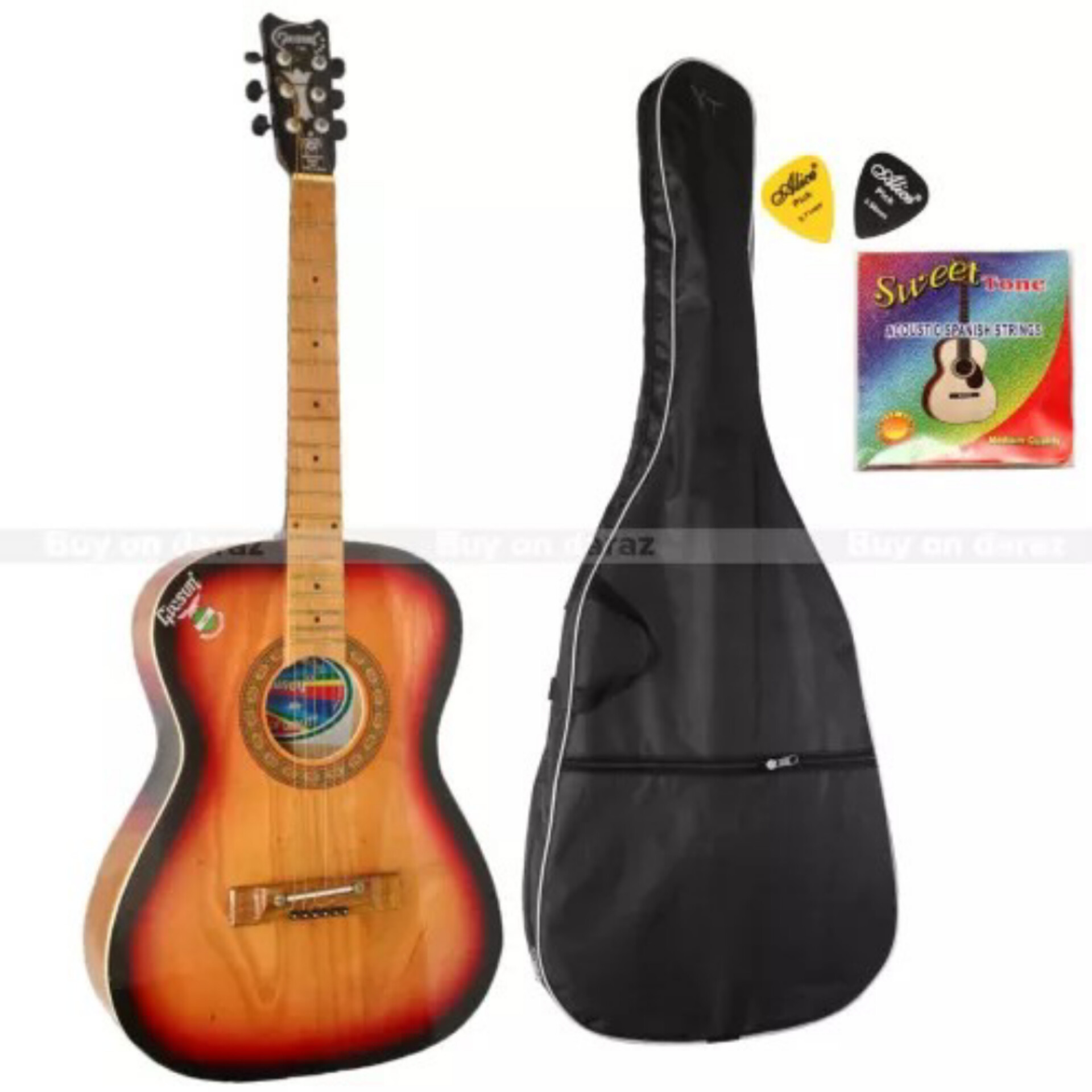 Givsun 150 Acoustic Guitar, Glossy Sun Brust Coloured Comes With Guitar Bag, String Set And 2 Alice Guitar Picks