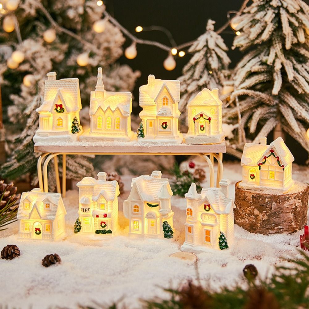 Gifts Cute Christmas Glowing Small House Resin Luminous LED Light Snow House Warm Light White Cartoon Table Decorations Holiday Festive Decor