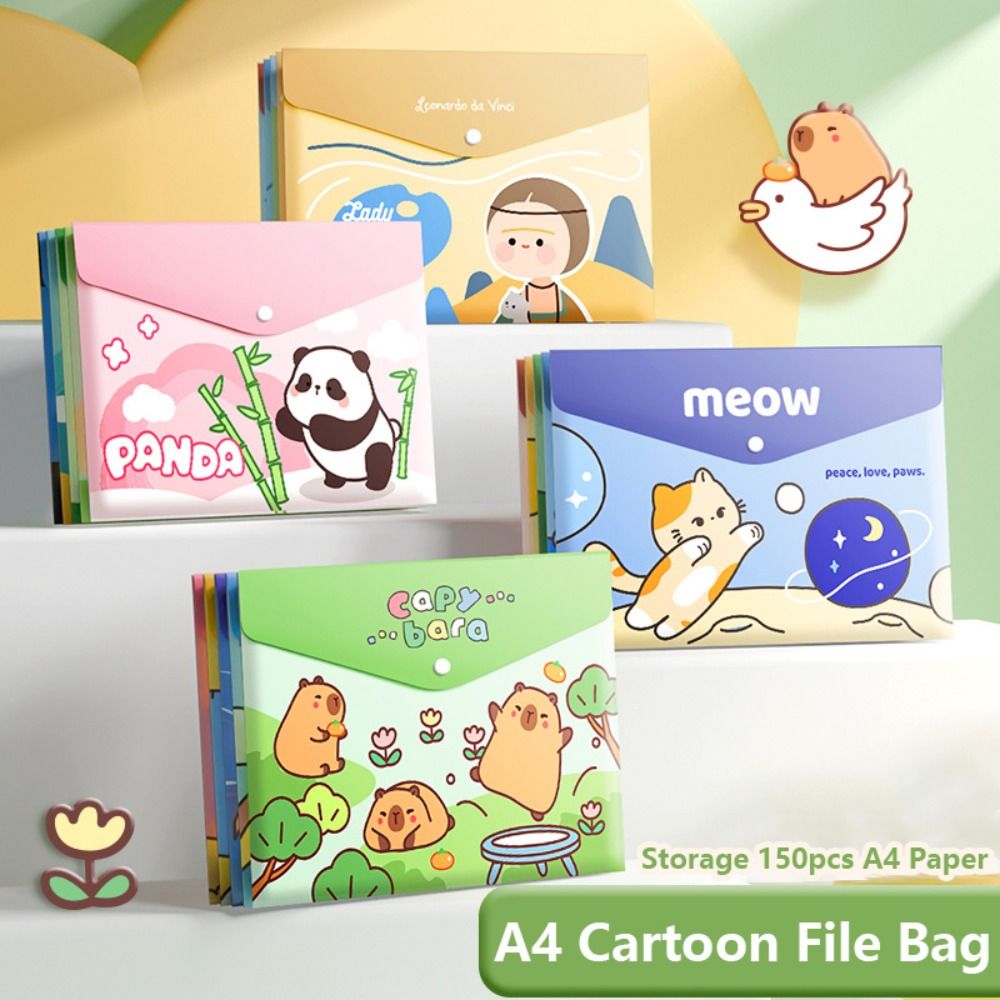 5PCS/Set Cartoon Snap-fastener A4 File Folder Waterproof Large Capacity File Organizer Test Paper Storage PP Document Bag Gift