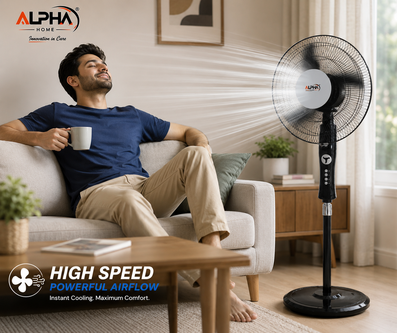 ALPHA HOME 16 Inch High Speed Stand Fan - 3 Mode Control |Strong Air Throw