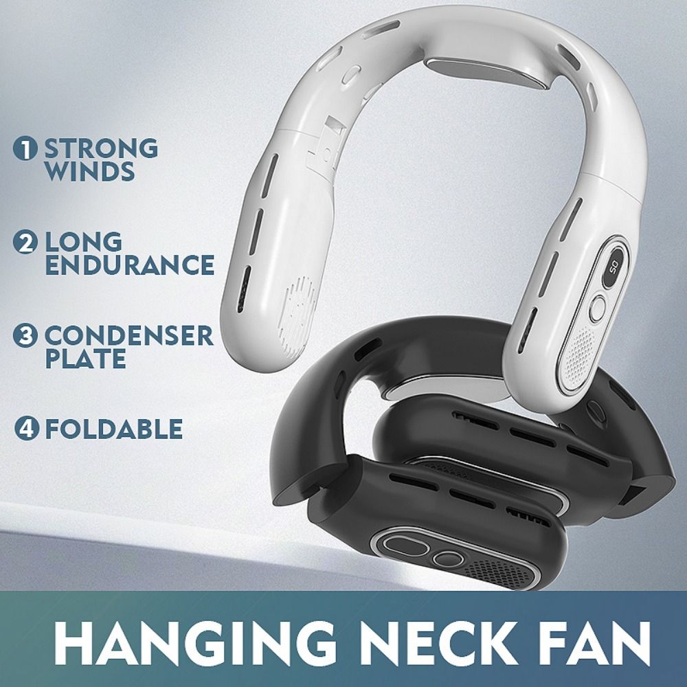 Portable Mini Digital Display Leafless Hanging Neck Fan 3 Speeds Foldable Design Charging Fan Quiet Operation Vaneless Technology Neck Cooling Fan Office Use