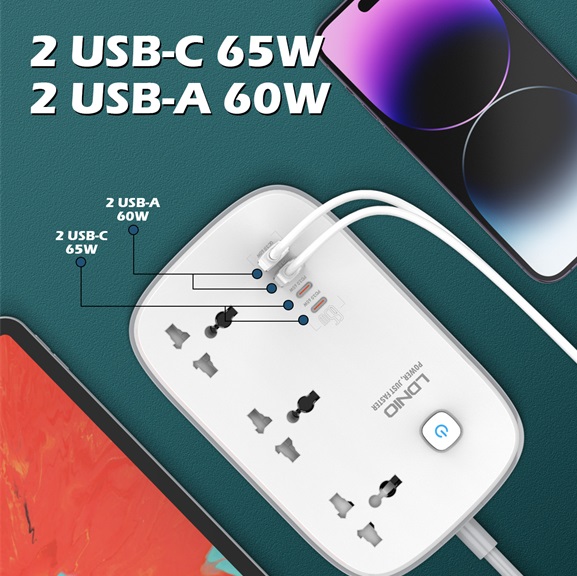 LDNIO SC3416 3 Outlets 65 Watt 4 GaN USB Port Multi Power Strip Plug Boar Extension Socket