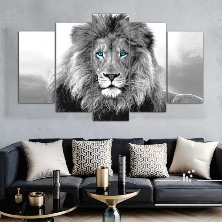 5 Piece Panel Blue Eyes B/W Lion Wall Hang Animal Canvas Art Wooden Frame Home Decor By Om Canvas