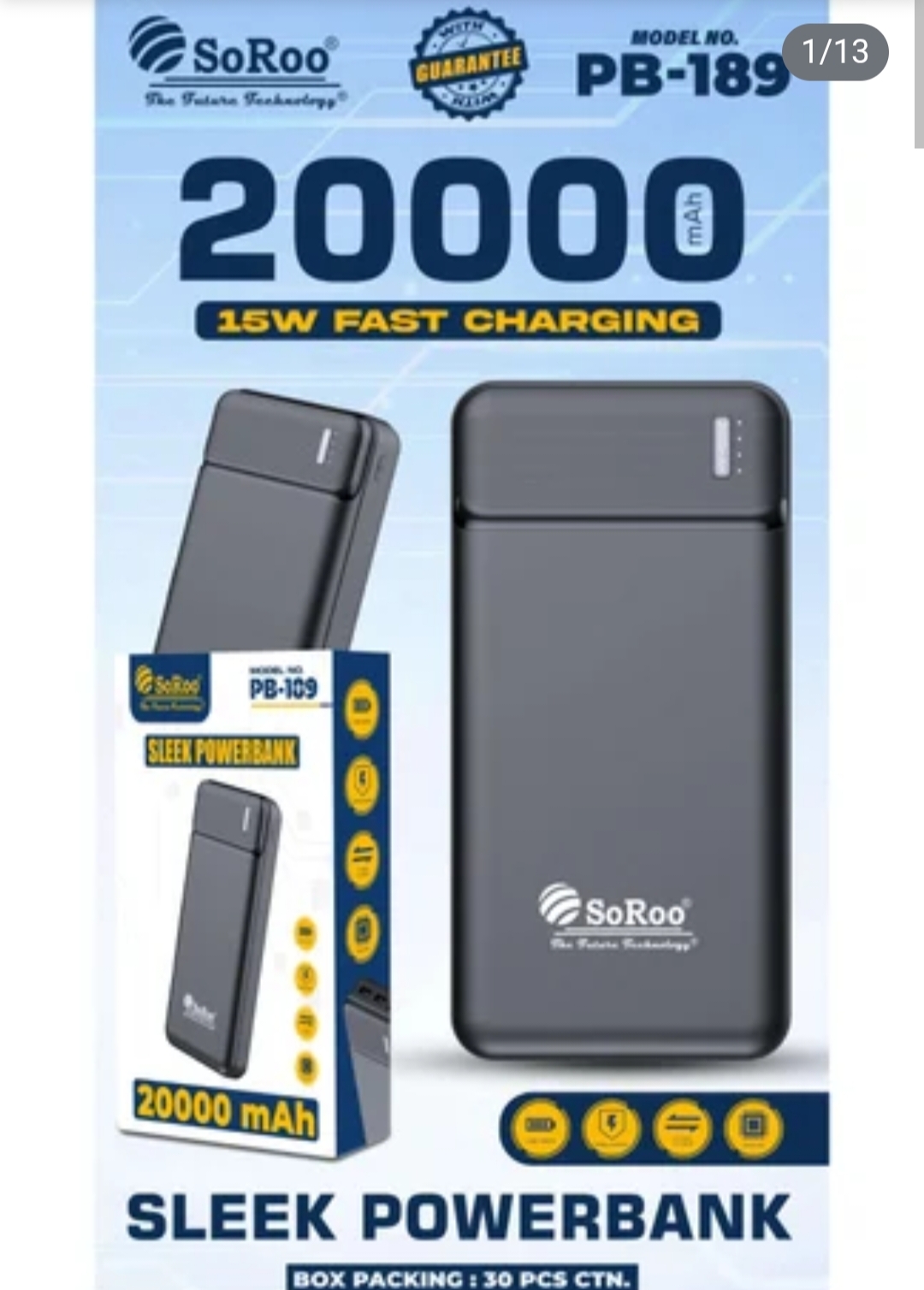 SoRoo Sleek Power Bank PB-189 20000mAh Fast Charging Portable Power Bank