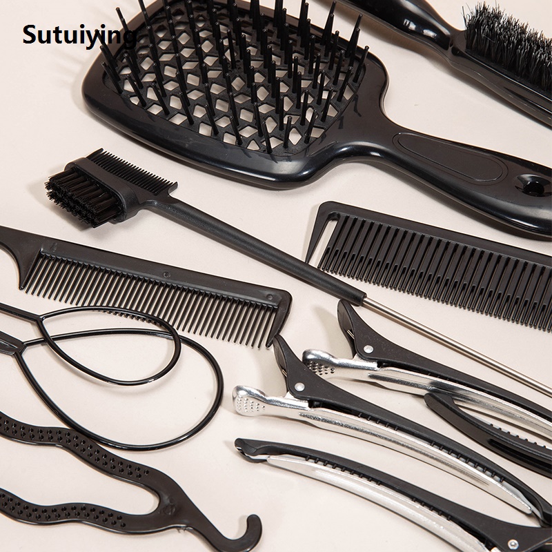 Sutuiying 14pcs Comb Set Hair Styling Special Pointy Tail Beating Double Original Headed Brush Hollow comb Eyebrow Long Makeup Hair Salon Tools