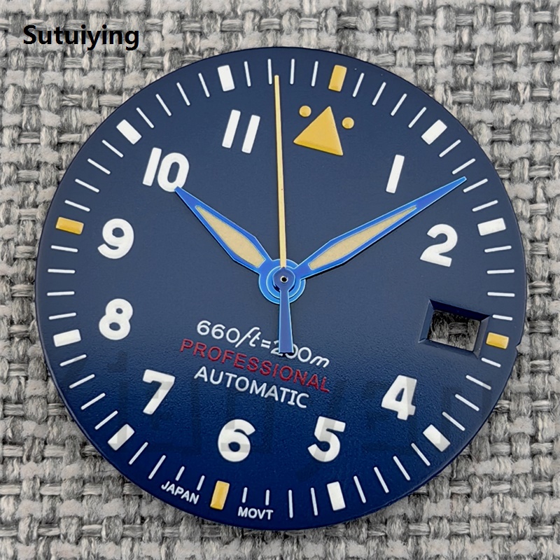Sutuiying 29mm Blue Pilot Style Diving Watch Dial and Hand Sets With C3 Green Hot Selling Luminous Fit NH35 Movement Replacement Watch Parts Accessory