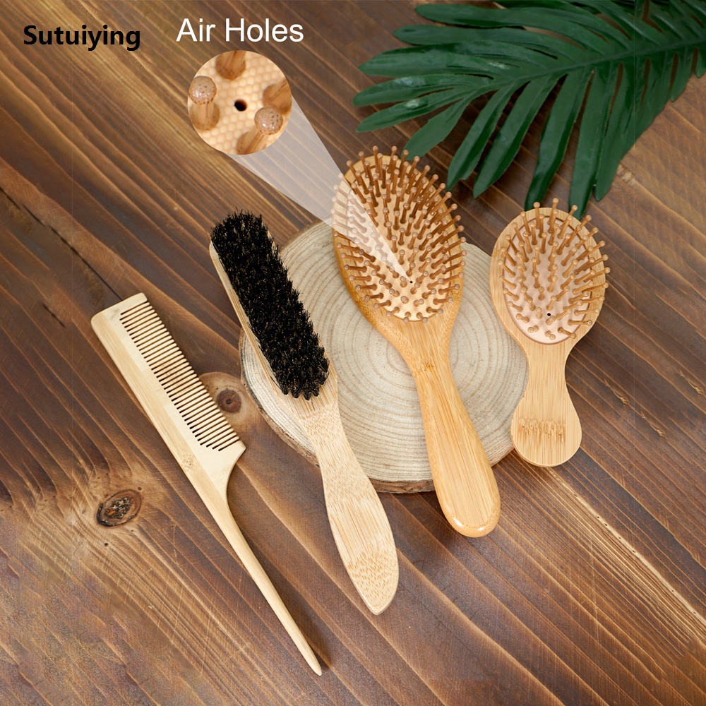Sutuiying 1PC Professional Hair Brush Pointed Tail Wooden Comb/Large New Bamboo Air Cushion/Mini Travel Size/Boar Bristle