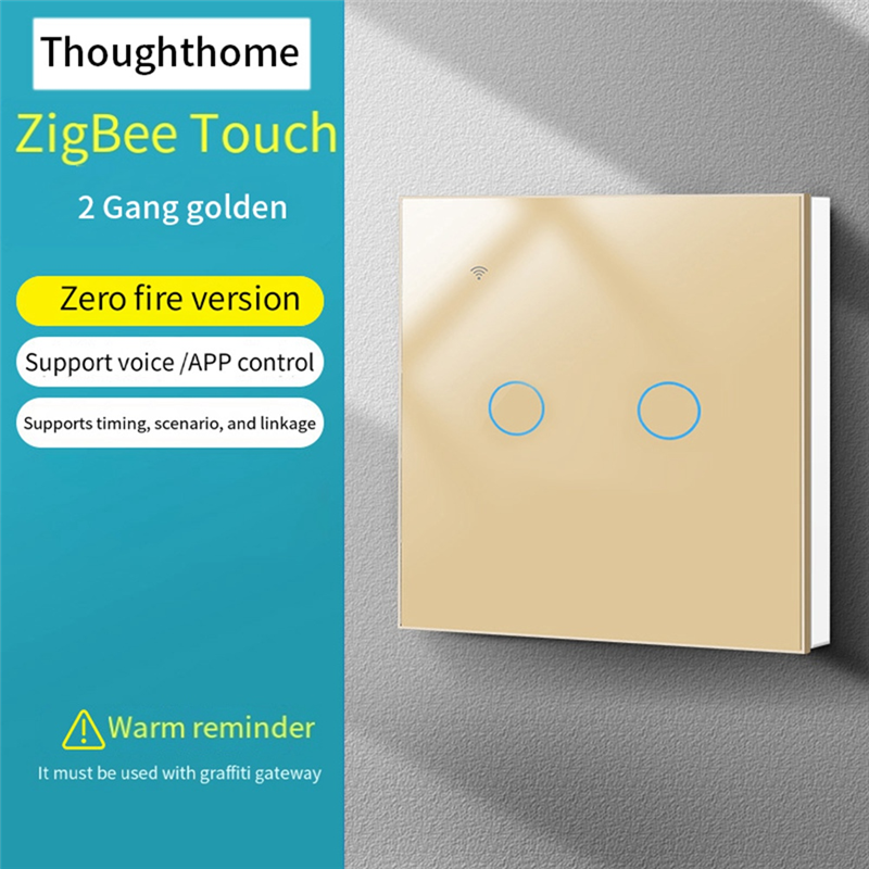 Tuya Zigbee Smart Switch Touch Light Switch Intelligent Control Switch Zero Fire Line 2 Switch Gold