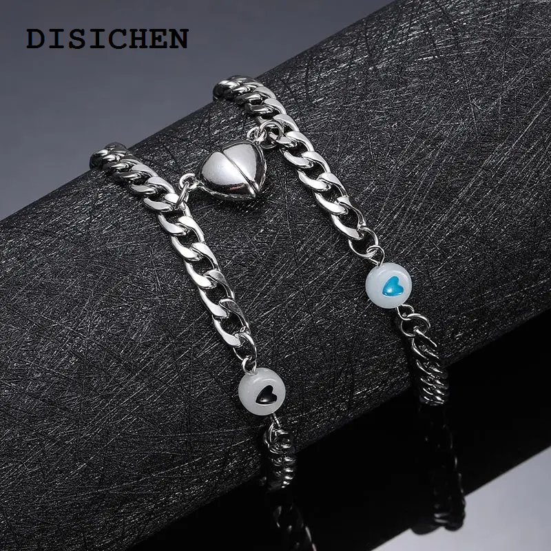DISICHEN Profesional 2pcs/Set Luminous Magnetic Heart Couple Bracelets for Women Men Lovers Stainless Steel Bracelet Valentine's Day Jewelry Gifts