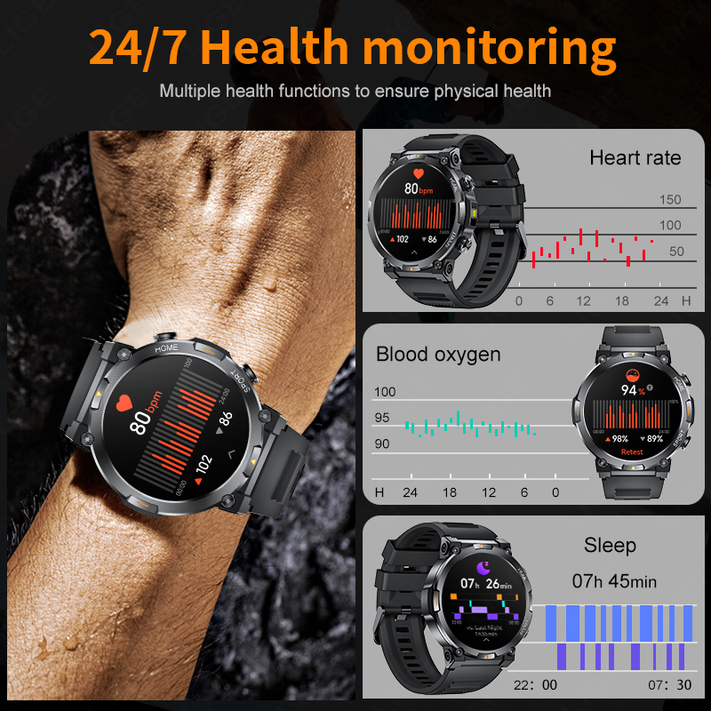Linman LIGE Men Smart Watch With Flashlight Bluetooth Call Men WatchesNew style Sleep Health Monitor Sport Waterproof AMOLED Screen Smartwatch