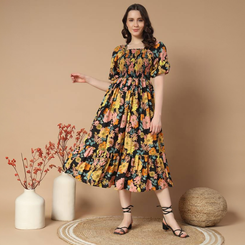 Fabdale Floral Print Empire Waist Midi Dress | Casual Western Wear (ZWRL-003)