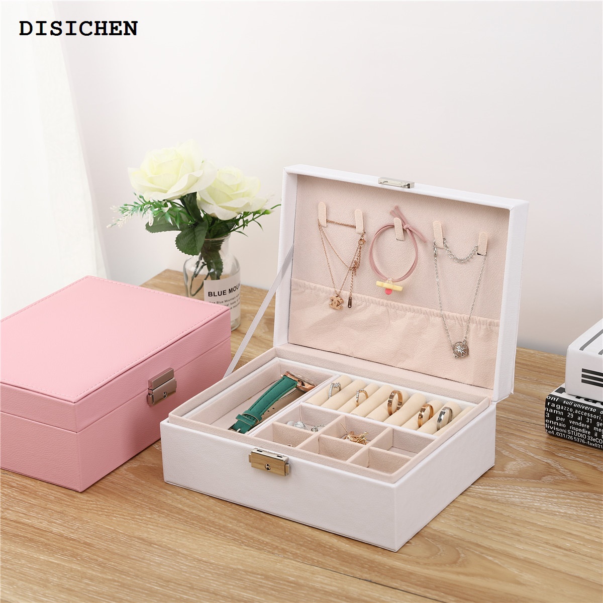 DISICHEN Luxury Jewellery storage New Style Double Layer With Lock Wooden Jewelry Box Earrings Earrings Storage Box Jewelry Box Hand Jewelry Box Gift Box Wholesale