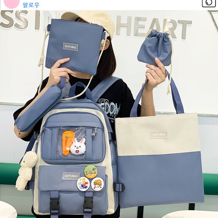 5PCS/Set Teenager Girl Canvas Backpack School Bags for Lady Kawaii Backpacks Student Kids Tote Book Bag Rucksack