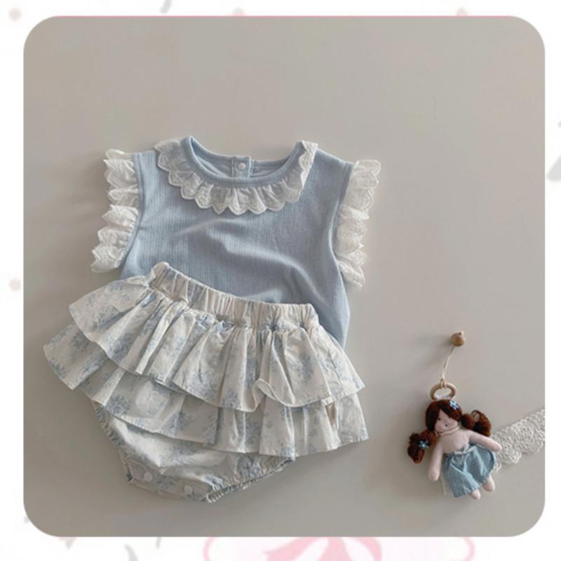 Summer blue lace short-sleeved floral bag fart skirt set female baby Korean version is cute and sweet