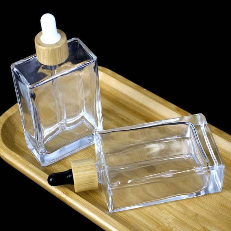 30ml 50ml 100ML Flat Square Glass Dropper Bottle Transparent glass bottle with bamboo golden rose gold cap, black cap
