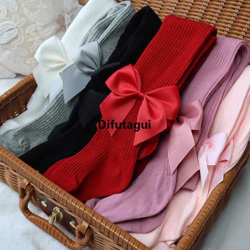 Difutagui Baby Girl Tights Fashion Seamless Pantyhose Ribbed Stockings Affordable Footed Leggings with Satin Bow for Toddlers