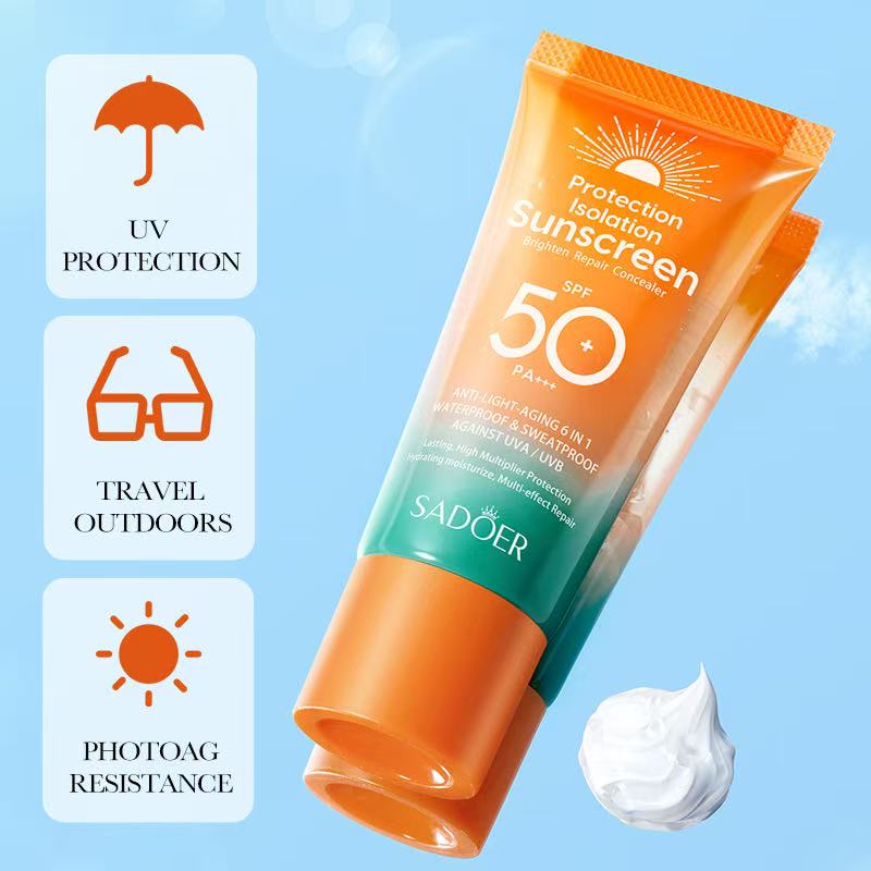 SADOER Sunscreen SPF 50+ PA+++ | Waterproof and Sweatproof, UVA-UVB Protection, Anti-Ageing 6-in-1 Non Sticky, Breathable, Moisturising 50g