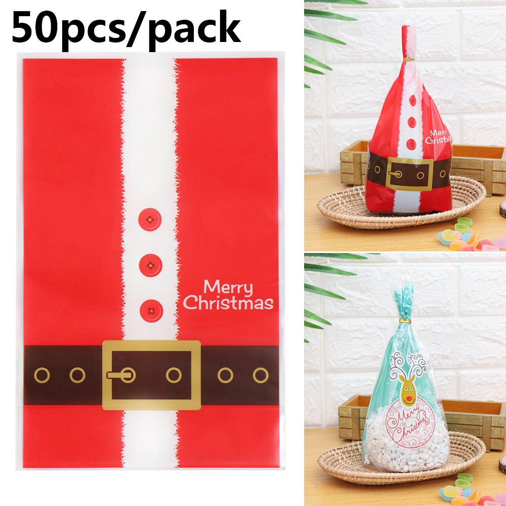 50Pcs Children Santa Claus Baby Kids Self-adhesive Xmas Candy Bags Christmas Gifts Plastic Cookies Pack