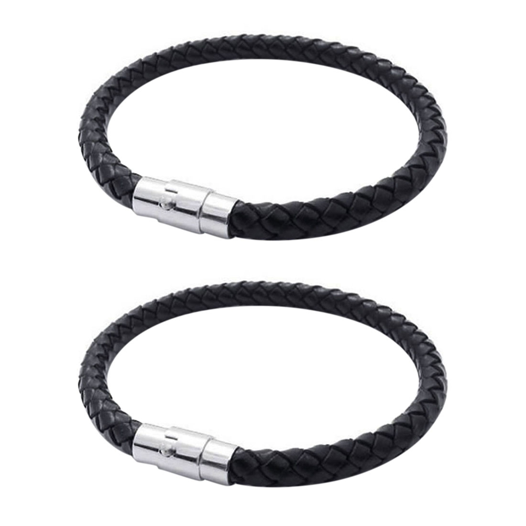fasdaga 2X Stainless Steel Leather Bracelet, Braided Leather Bracelet, for Men Women, Black - Width 6mm - Length 23cm