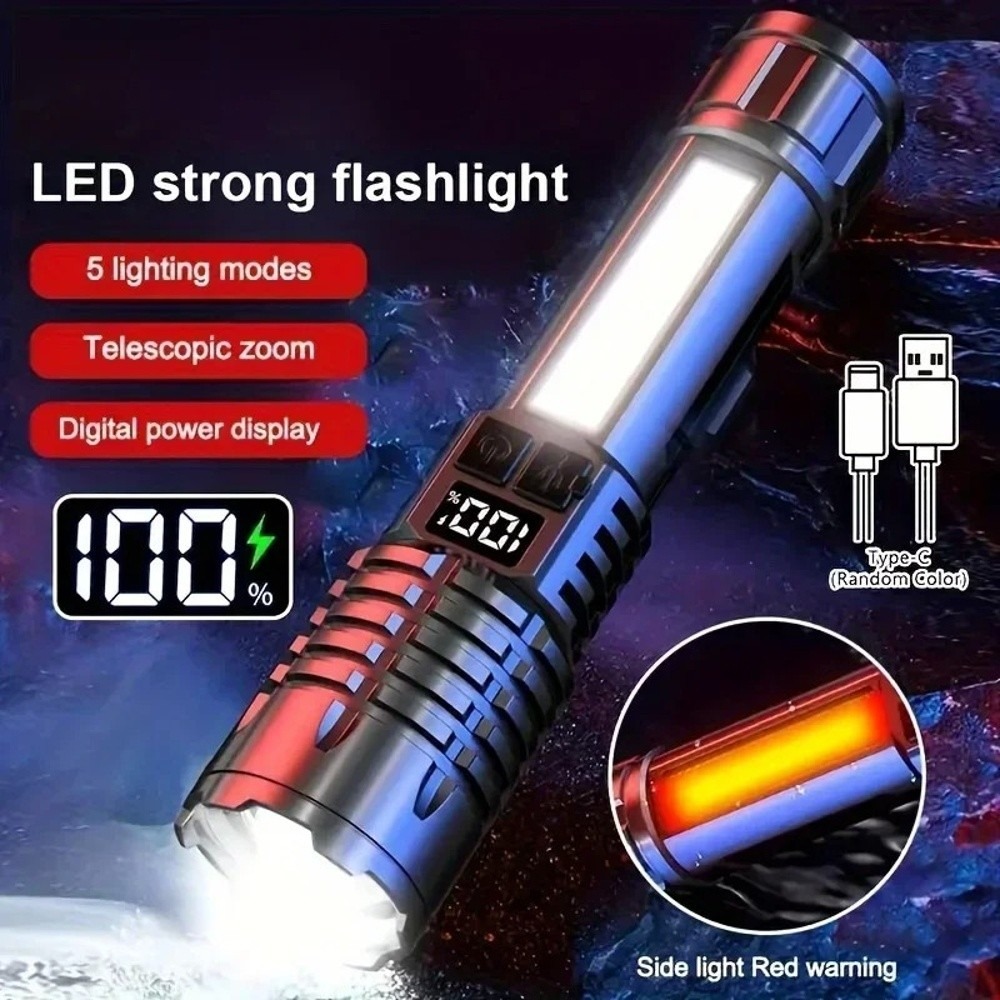 New Ultra Bright LED Flashlight Rechargeable TYPE-C Work Light COB Side Light Waterproof Zoom Powerful Torch Outdoor Hiking