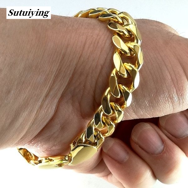 Sutuiying -Hop Party Jewelry Mens Jewellery Domineering 8 Inches Stainless Original Steel Curb Cuban Link Chain Bracelets For Men Women