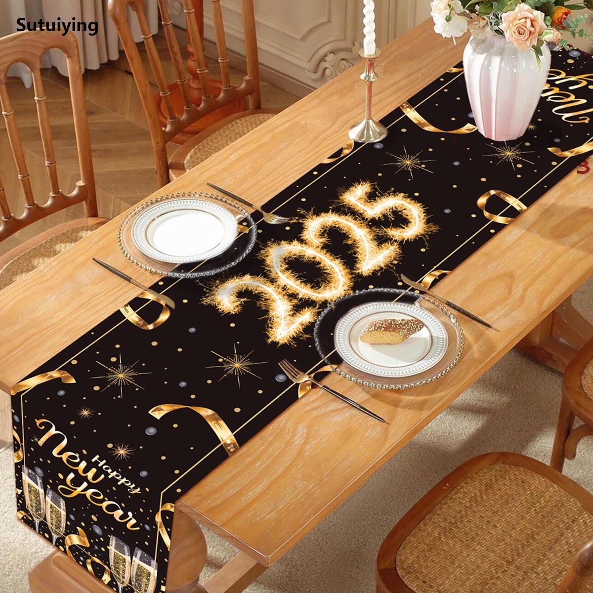 Sutuiying Happy New Year Black Gold Table Runner For 2025 New Year Fifty percent discount Party Photography Background Party Table Decoration
