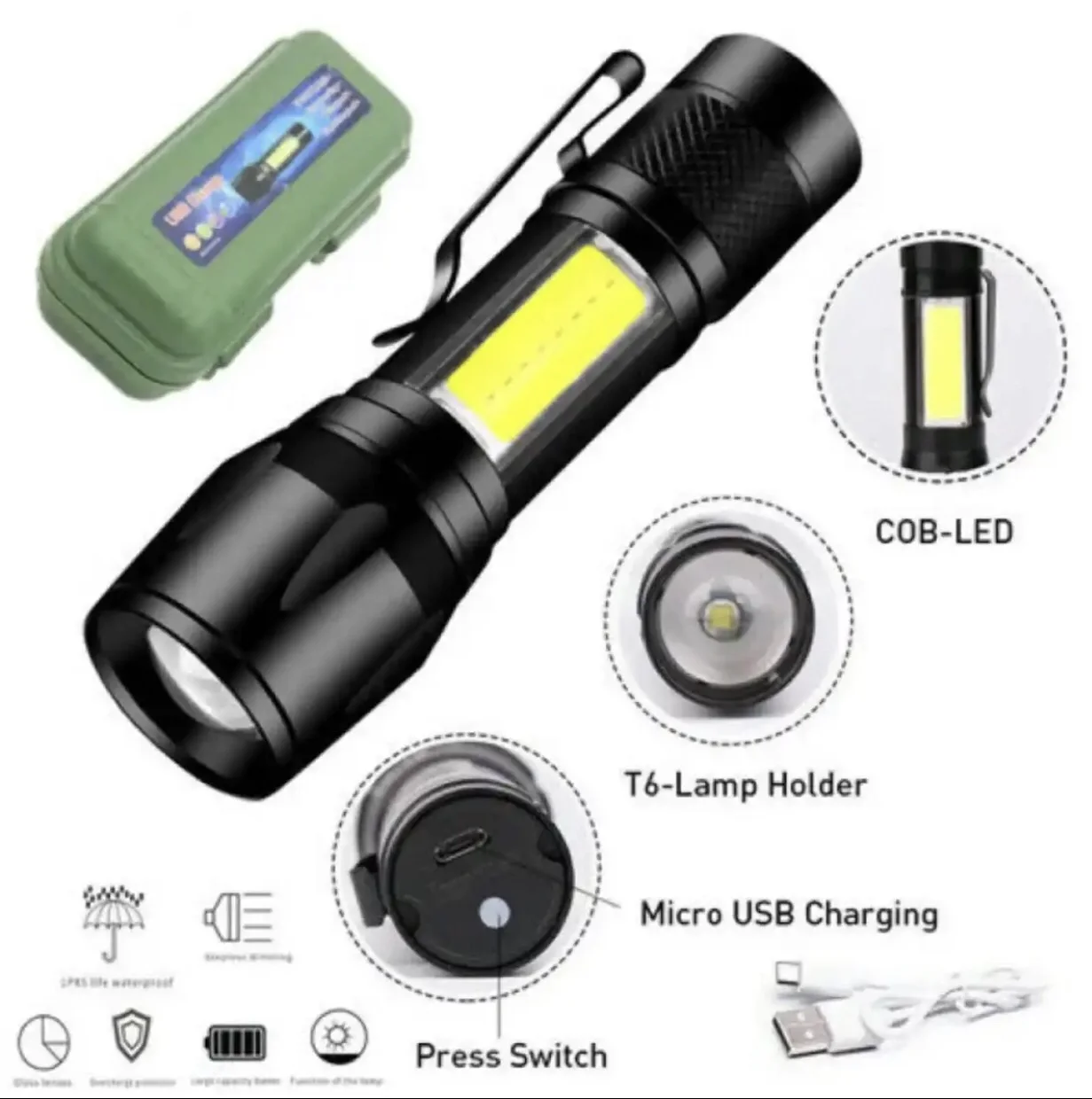 USB Rechargable LED Tactical Powerful Mini Zoomable Torchlight