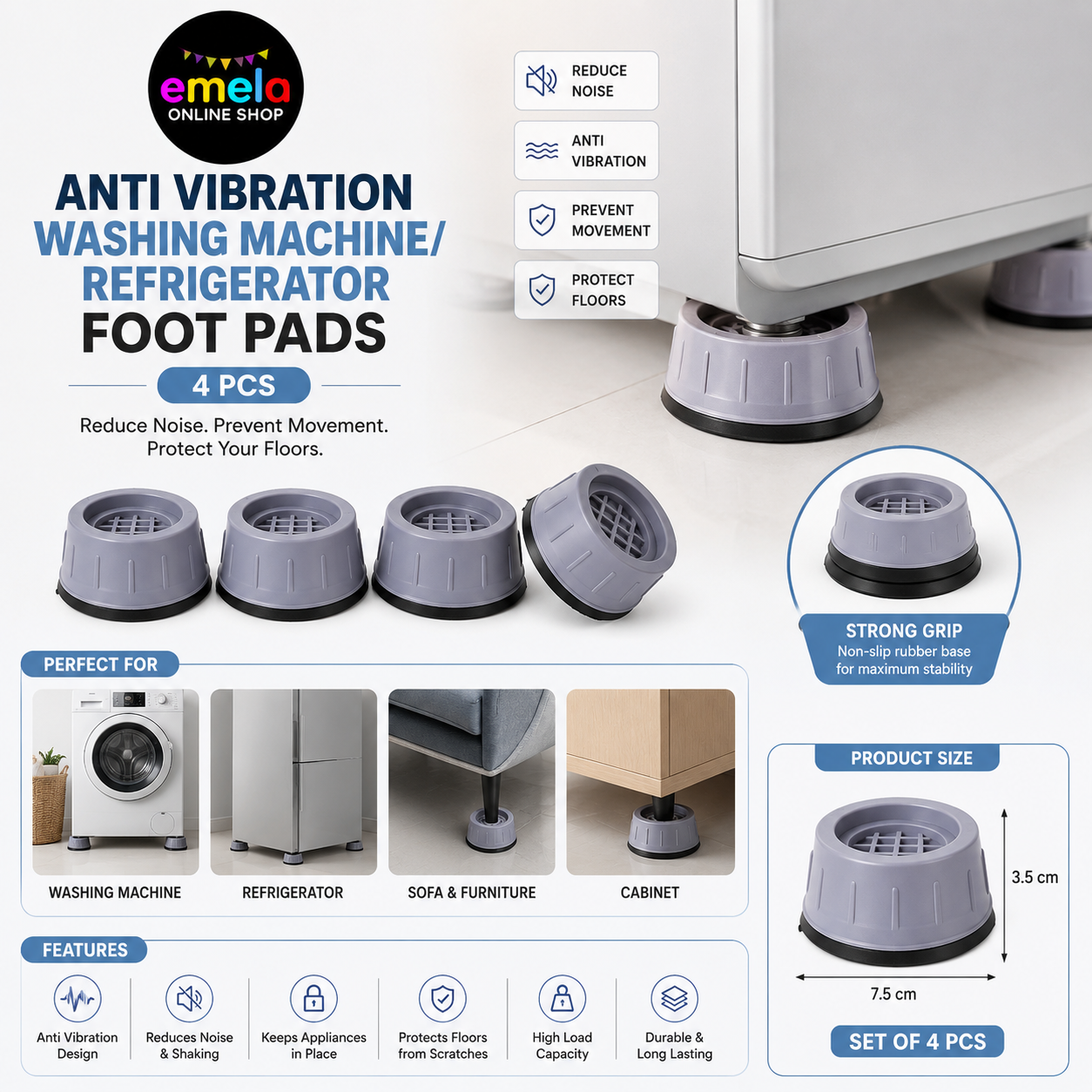 Anti Vibration Washing Machine/Refrigerator Foot Pads- 4 Pcs