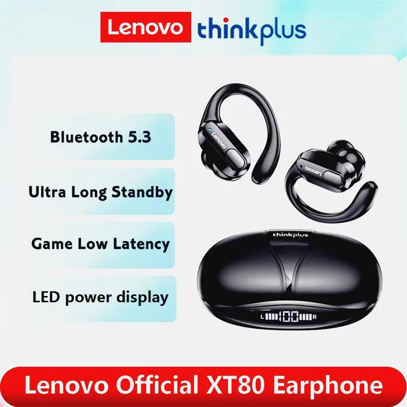 Original Lenovo XT80 True Wireless Bluetooth 5.3 Earphones with Mic Button Control Power Display Noise Reduction Earhooks Waterproof Headset