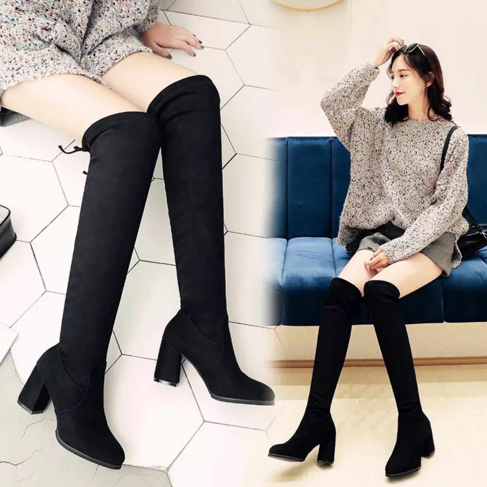 Scrub Leather Women Fashion Knee High Boots Over The Knee Boots Hoof Heels - ( Nep-1) - Fashion | Women's Footwear |